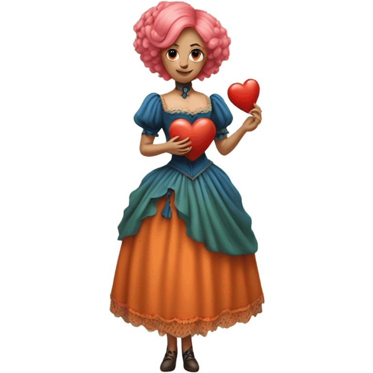 a green woman in Victorian orange and blue dress, pink hair,holdig, red big hearth, full body emoji