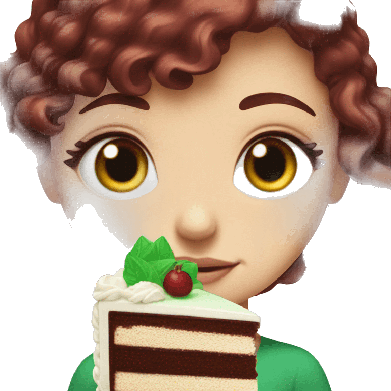 a white girl with burgundy wavy hair and black eyeliner and green eyeseating a huge piece of chocolate cake  emoji