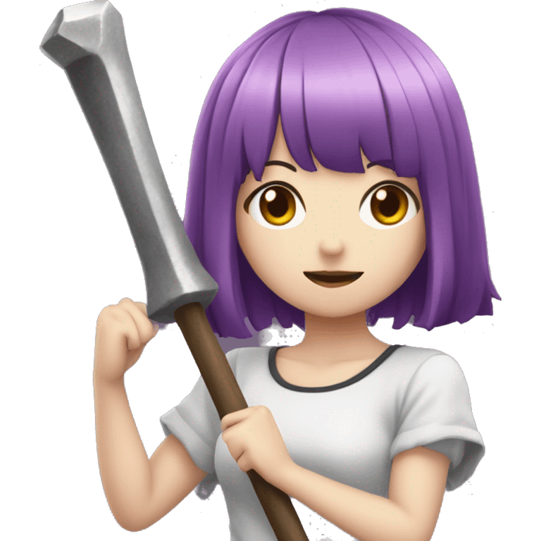 A anime girl with purple hair having a hammer with ban written on t emoji