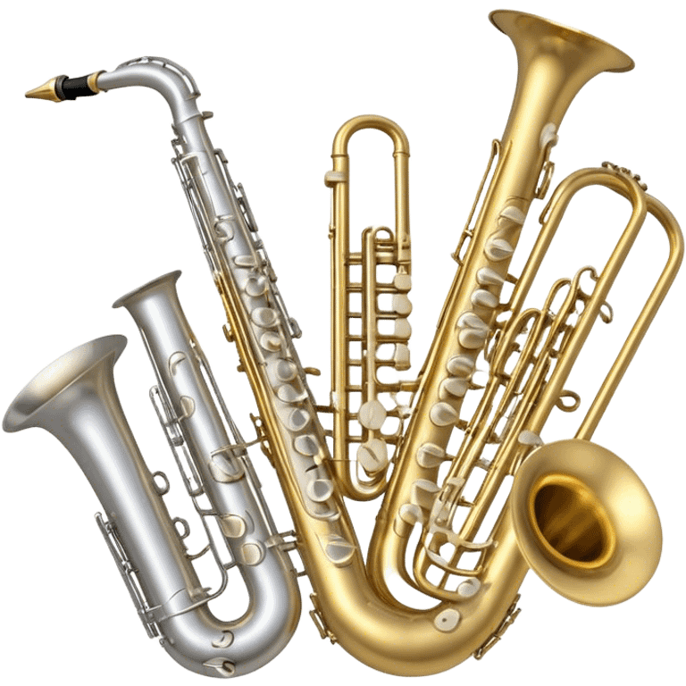 Create a professional, harmonious emoji collage symbolizing wind instruments.  The instruments should be in metallic gold, silver, and brass tones, with subtle reflections to convey a professional and polished appearance. Add soft musical notes or soundwaves to surround the instruments, creating a sense of movement and sound. The background should be transparent, ensuring all instruments are the focus and the composition remains harmonious and balanced. emoji