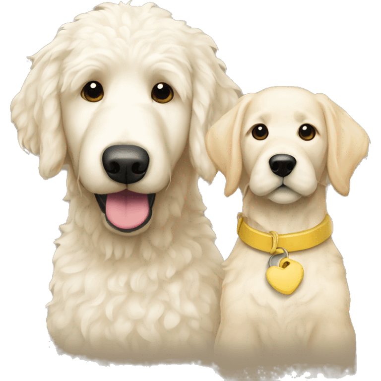 A golden doodle white with a yellow lab happy together  emoji