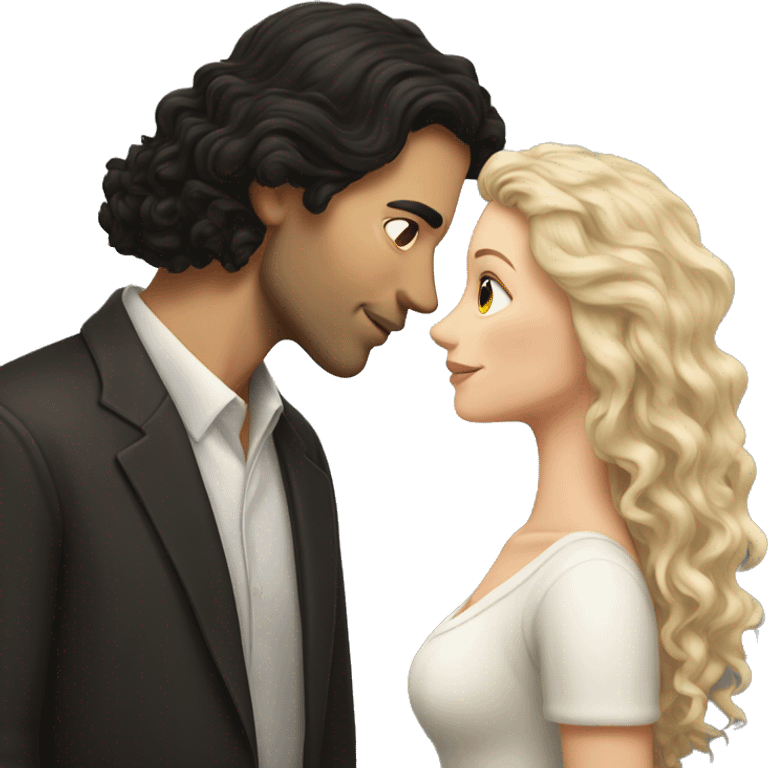 White Man with dark hair kissing white woman with long dark curly hair emoji