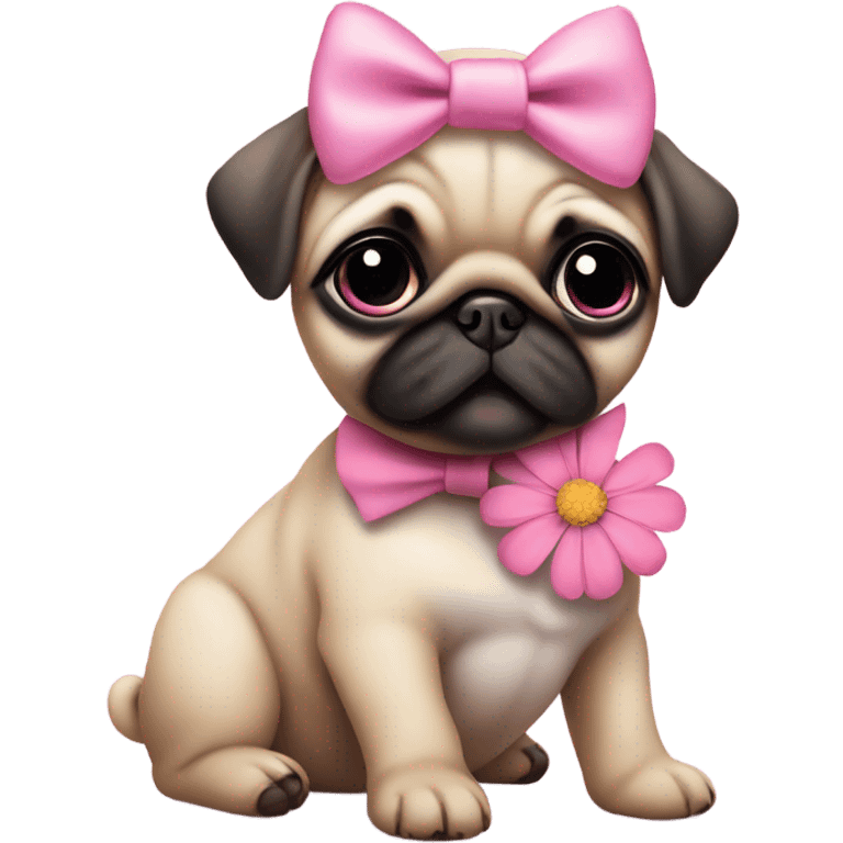 Baby pug with big pink
eyes wearing a pink bow on her head and a daisy in her mouth  emoji