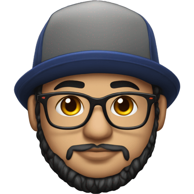 chubby venezuelan programmer with beard, glasses, CUBS hat, airpods with tattoos emoji