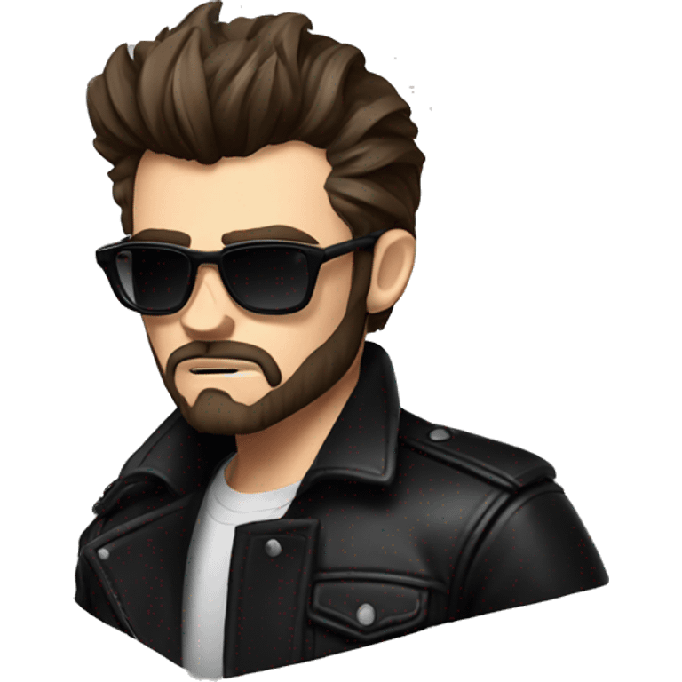 James dean but with dark brown hair und beard, cool outfit, black leather jacket and black shirt underneath, evil look, angry look emoji