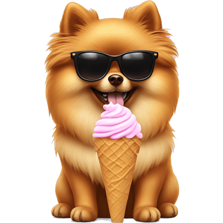 Pomeranian with sunglasses eating ice cream emoji