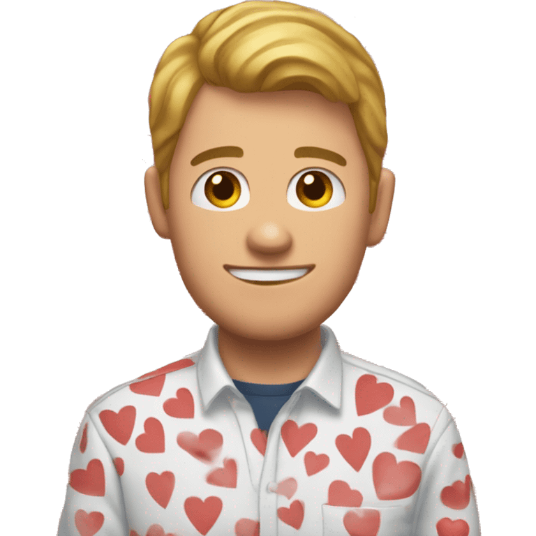 White guy with hearts surrounding him with “rizzler” on his shirt emoji