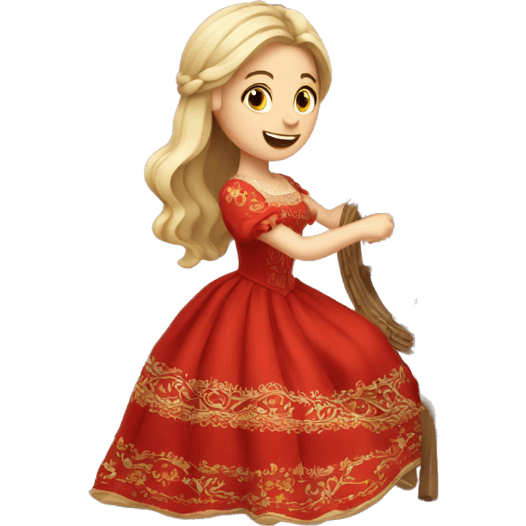 A Russian princess in a red dress spins threads on a spinning wheel emoji