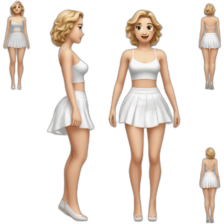 Hyperrealistic Full body Caucasian curvy beauty jumping short white skirt back and front views strong wind knickers emoji