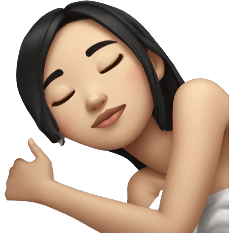 teenage cute girl asian black hair sleeping in a comfy white pillow at peace emoji