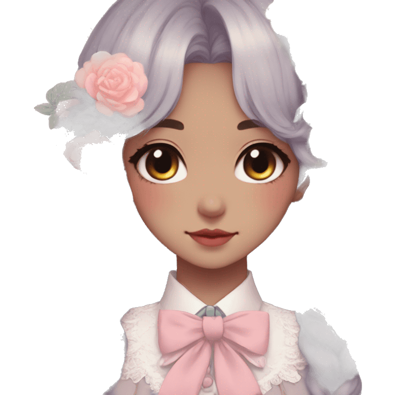 Gorgeous pastel anime style lady with blushing face and flowers and laces and bow ties and pretty hair aesthetic trending style emoji