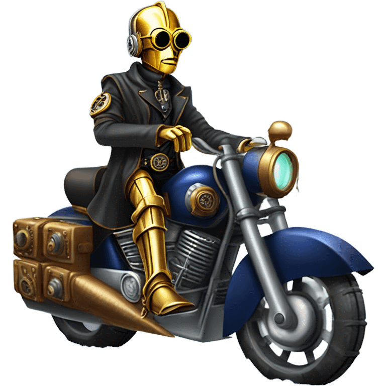 Bounty hunter C-3PO wearing a pair of navy-blue rimmed steampunk goggles, hat, leather chaps, fringe jacket riding a fast 3 wheeler trike steampunk motorcycle on ice  emoji