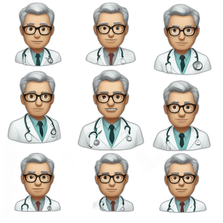 DOCTOR WITH WRINKLES, MAN, FULL GREY BEARS, GREY AND WHITE SHORT HAIR, DARK RED GLASSES, REALISTIC emoji