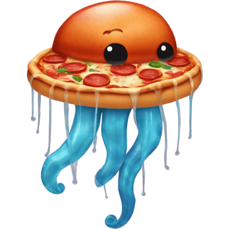 A jellyfish wearing a hat holding a pepperoni pizza emoji