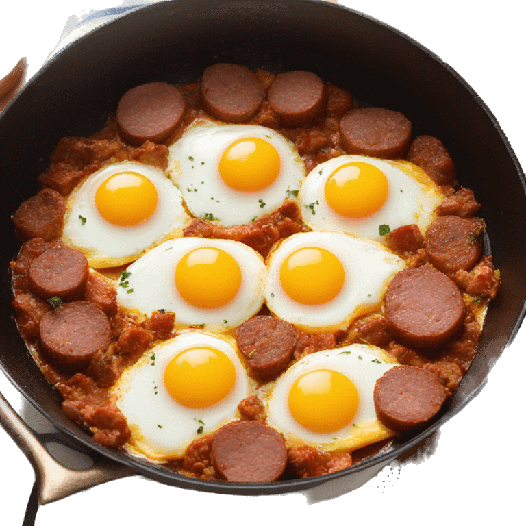 Sunny side up eggs with Turkish spicy sausage in a copper pan emoji