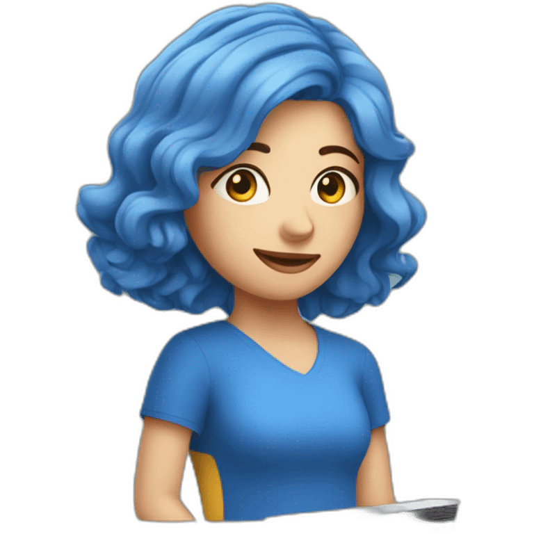 European girl in blue clothes behind laptop  emoji