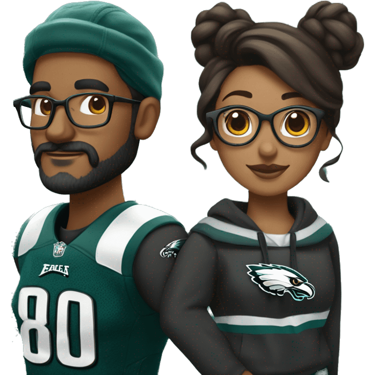 Brown skin couple in Philadelphia Eagles clothing guy has a beard and mustache girl has glasses and her hair in a bun emoji