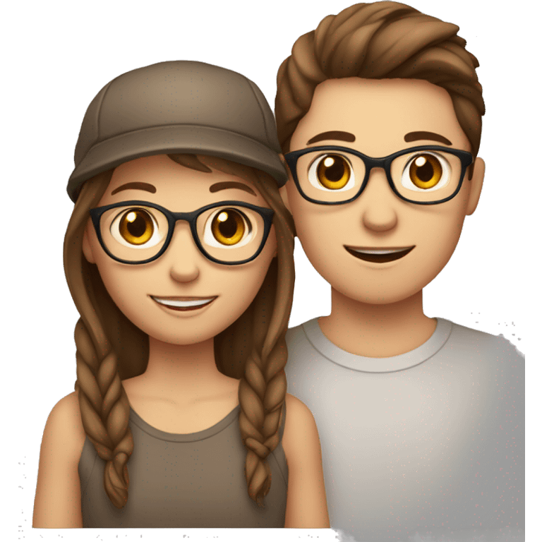 couple of teenagers, brothers with fair skin, brown hair, girl with glasses, and boy in a cap emoji