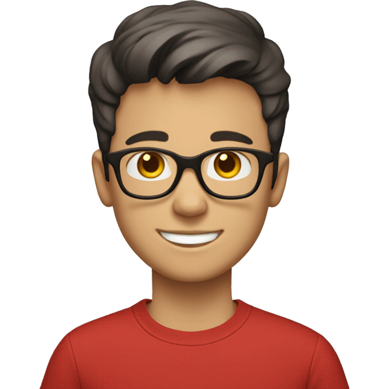 The young white boy WITH black eyes smiled with short hair, black-rimmed glasses and a red T-shirt. emoji