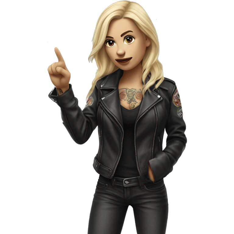 Blonde women with LONG HAIR, in Leather Jacket, Body Covered with Tattoos, POINTING YOU FORWARD with her HAND with INDEX FINGER, Hyper Realistic emoji