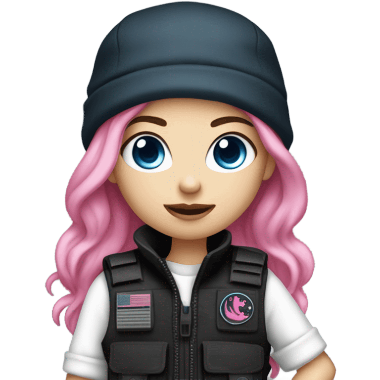 girl, white skin, tactical vest, dark pants, long pink hair, blue eyes, black beanie hat with crescent moon on front, black combat boots, gun emoji