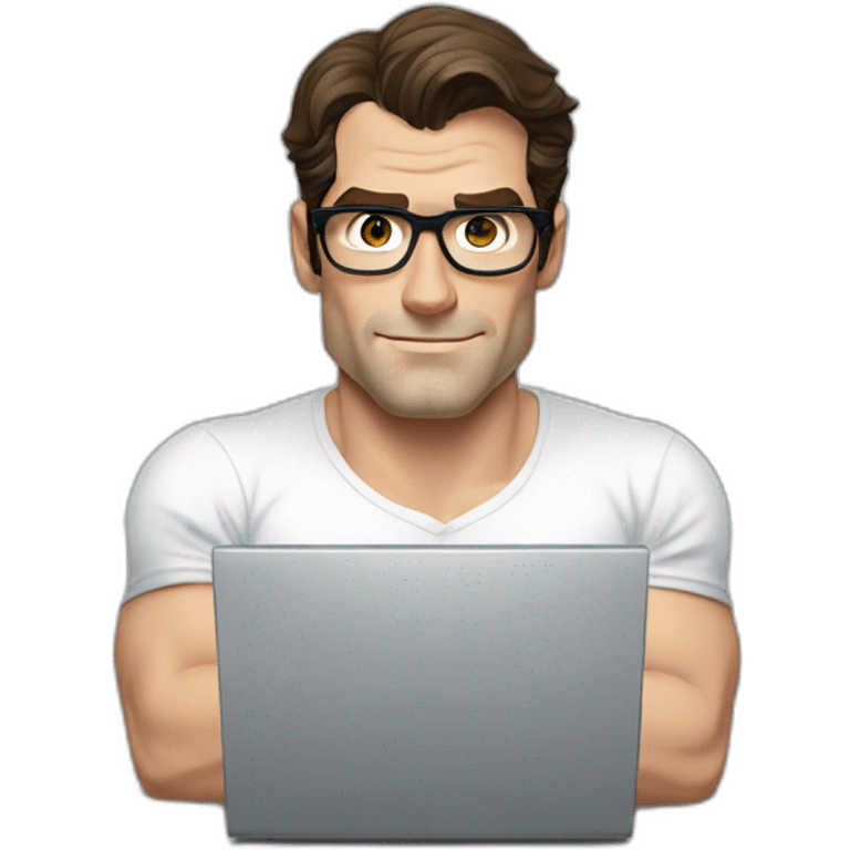 front view of henry cavill clark kent wearing white t-shirt using a laptop emoji