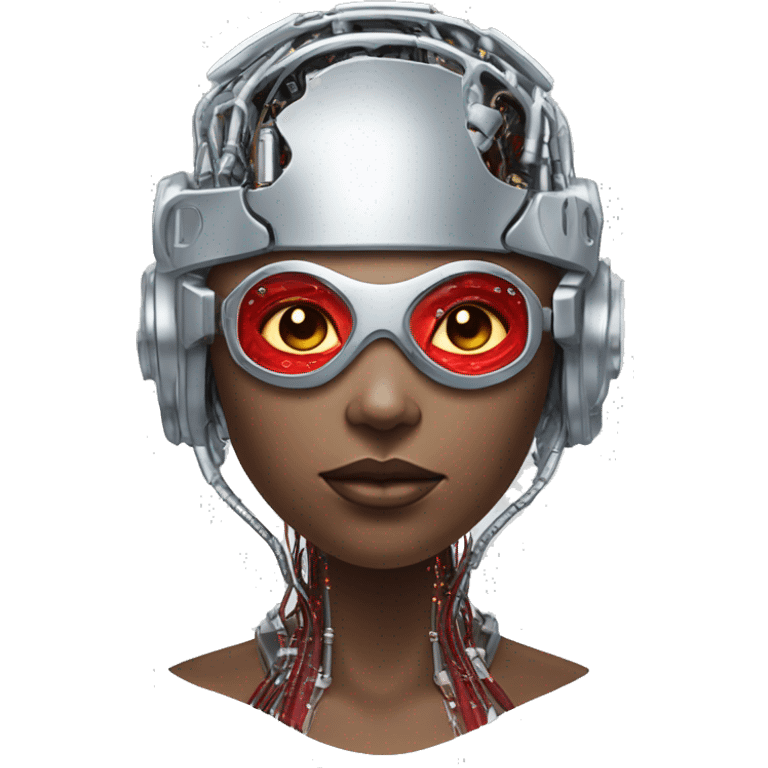 Red skin female cyborg head with silver goggles, silver circuits emoji