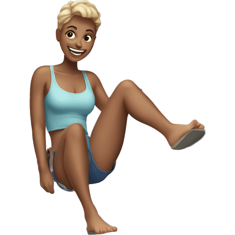 woman sliding down a roof in shorts smiling emoji