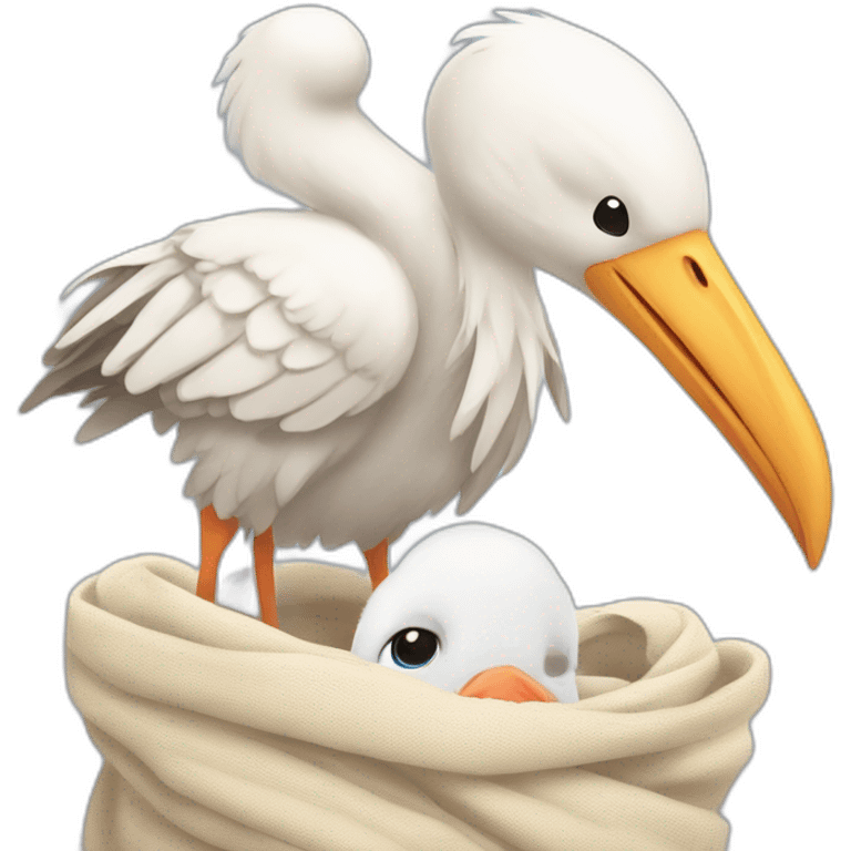  white stork carrying a bundle of cloth in its beak that has a cute baby human with light skin and dark hair and the baby face is peeking out from the cloths bundle the strok is carrying emoji