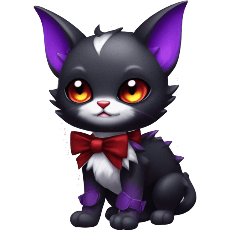 Cute-Evil-Vampiric-Batty-Cat-Black-Purple-Red-White-Contrast-Colors-Fantasy-Fur-Sona-Chibi-Shiny-Fakémon-Hybrid with horns and big fangs neck bow tie leg spats full body emoji