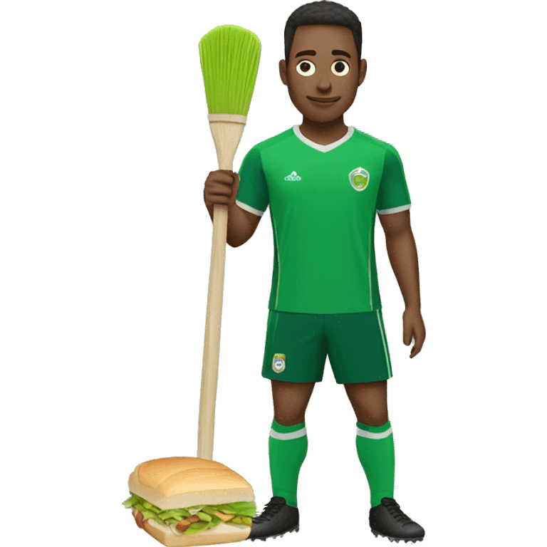 soccer player wearing a green shirt with a broom in their hand eating a sandwich emoji