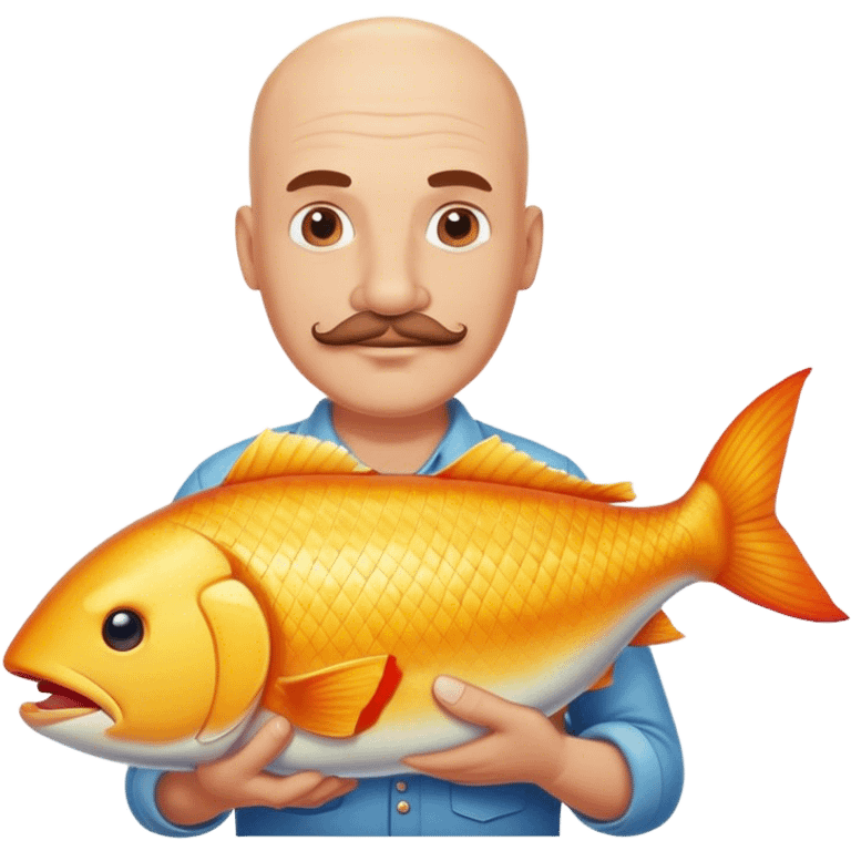 Bald white man with mustache holding a big fish emoji