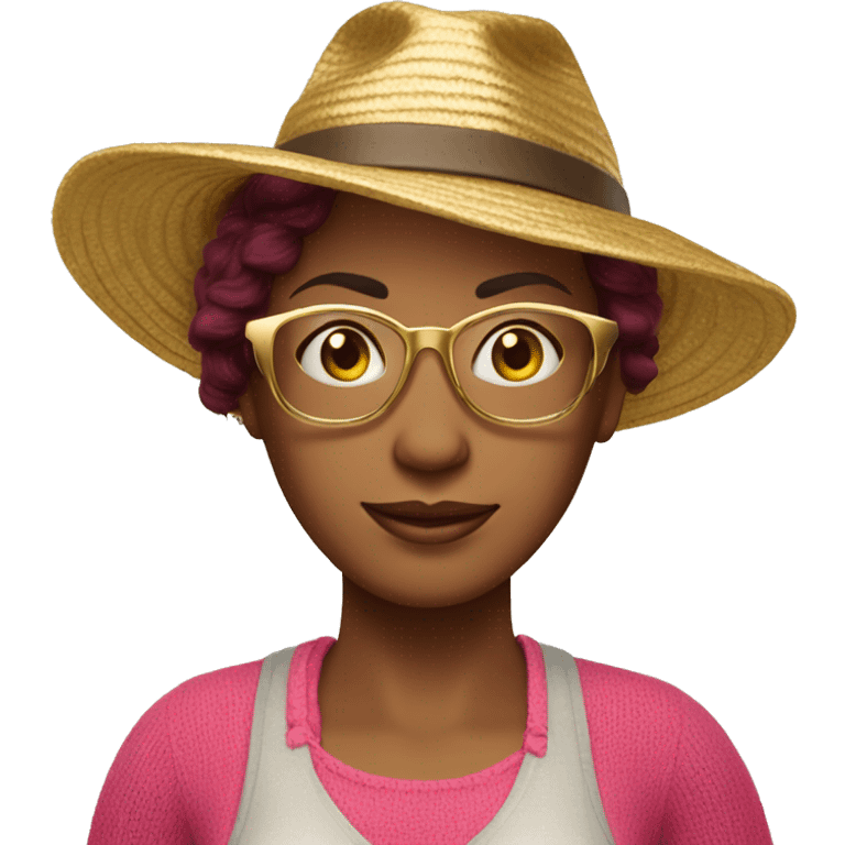 45-year-old Dutch woman with dark red colored short hair, pink sweater and gold glasses wearing beach hat emoji