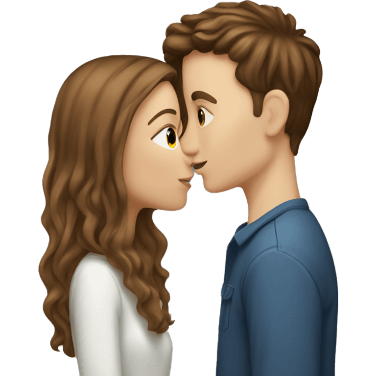 white girl with brown long straight hair kissing a white boy with short curly dark brown hair emoji