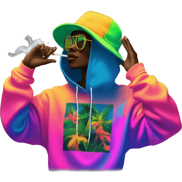 Multicoloured neon person smoking wearing hoodie dancing hip hop bucket hat tropical Skater fashion aesthetic baggy clothes graphic t shirt 420 emoji