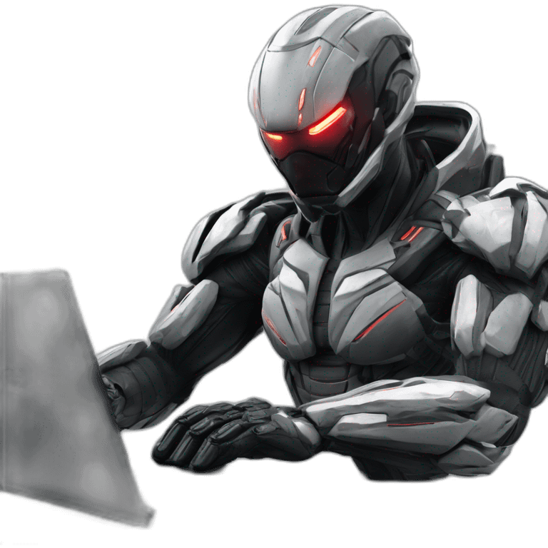 developer behind his laptop with this style : Crytek Crysis Video game with nanosuit character hacker themed character emoji