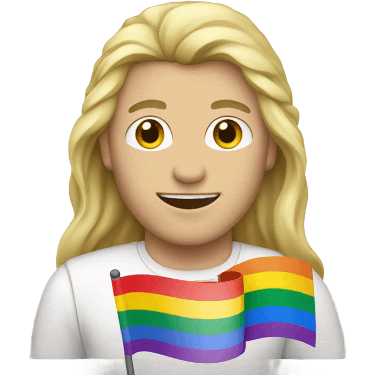 caucasian man with long blonde hair holding rainbow flag emoji