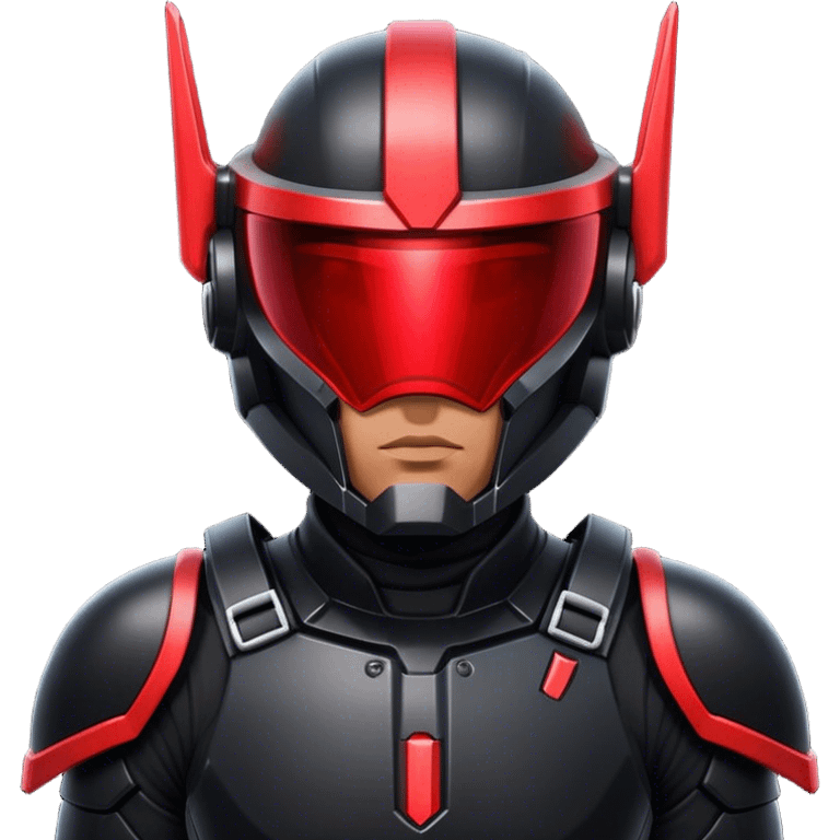 A futuristic man bounty hunter in sleek black armor, glowing red visor in the dark emoji