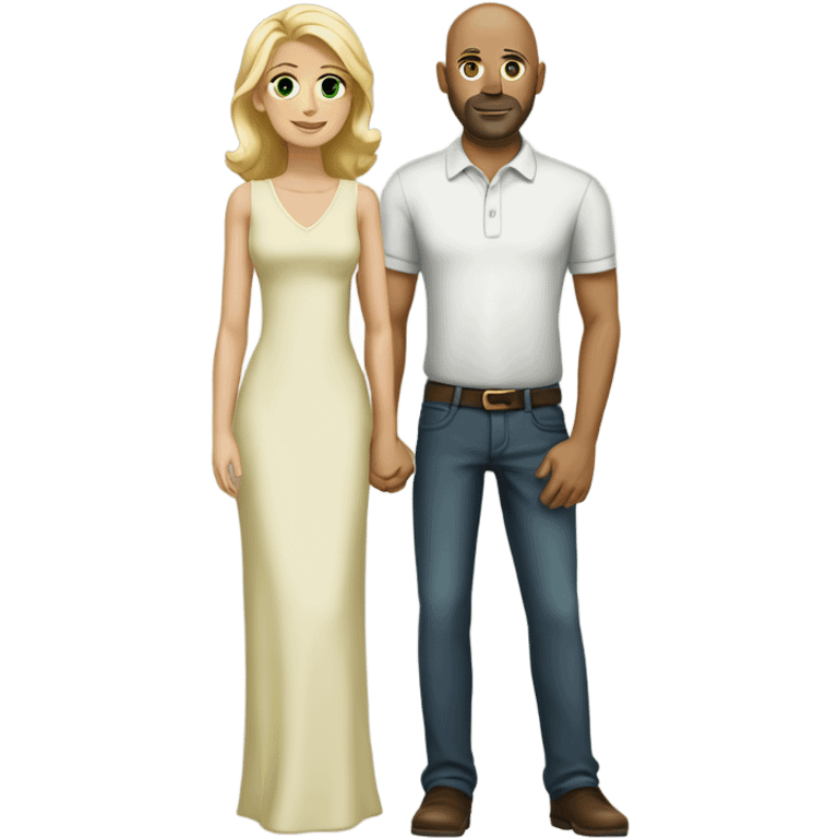 A tall bald man , brown eyes, with a short beard stand with his arm around a woman with long blonde hair , green eyes emoji