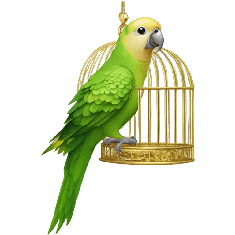 green and tan parakeet sitting on gold birdcage emoji