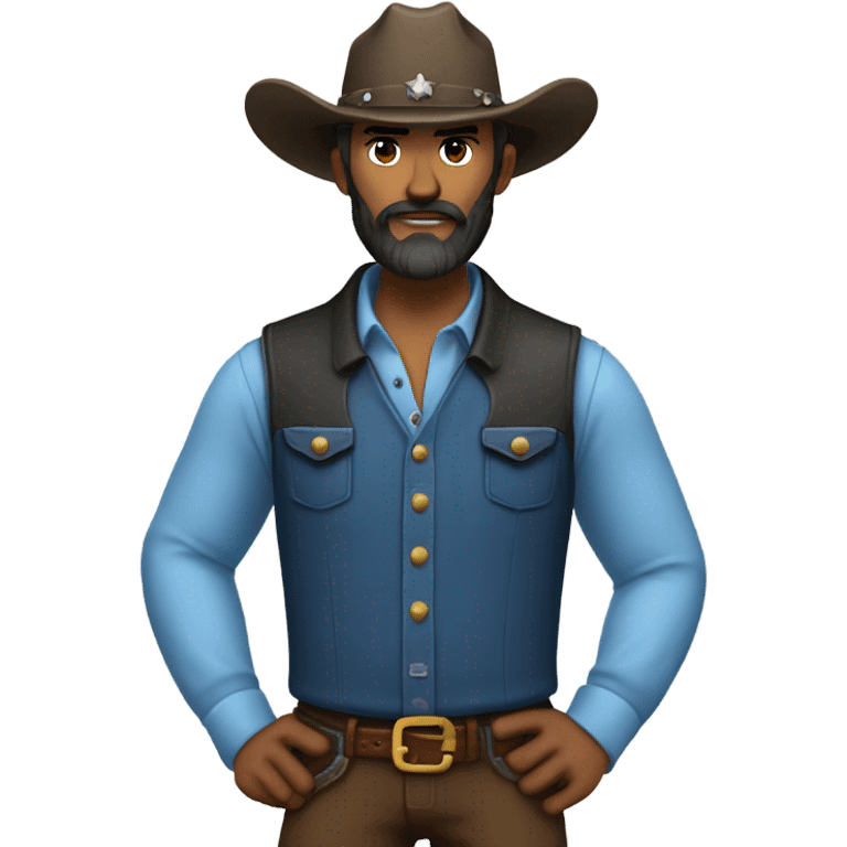 a rugged cowboy with a thick beard, wearing a blue vest over a classic western shirt. He should have a confident stance, showing full torso emoji