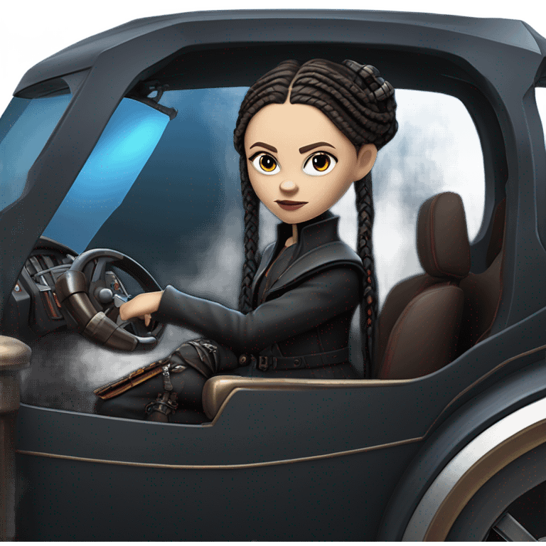 Jedi bounty hunter Wednesday Addams racing sitting in a modern blue,red and pewter steampunk electric luxury emoji