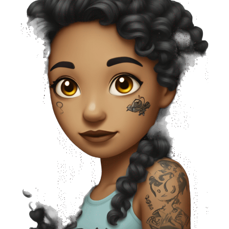 girl with dark curly hair with tattoo on her arm emoji