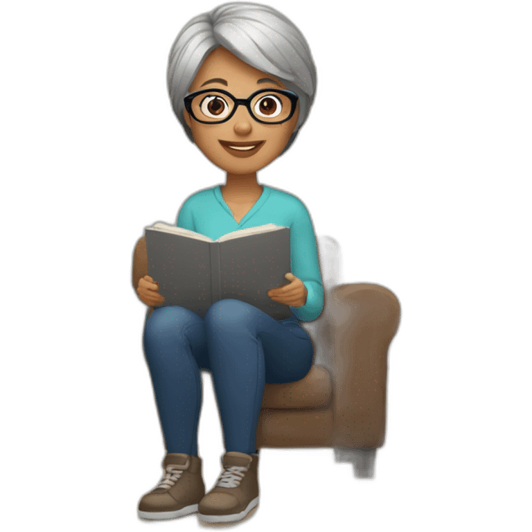 Woman with short gray hair and glasses sitting by fireplace  emoji