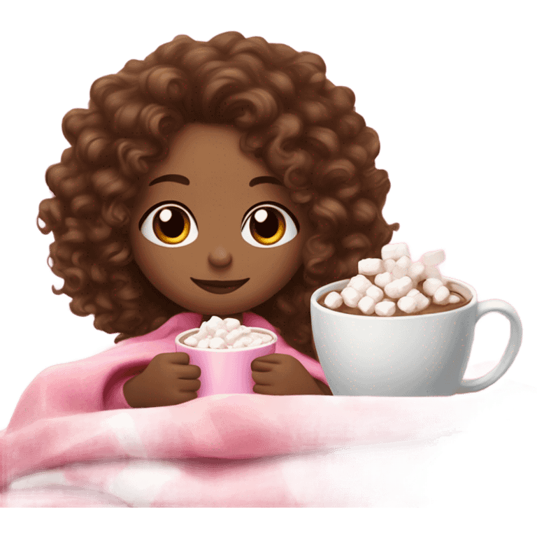 Light skin girl  with brown curly hair under our pink blanket,make her look like a young  make it so you can see the curly hairsipping hot cocoa with marshmallows, cuddled around the blanket, long curly hair, long, medium lashes emoji