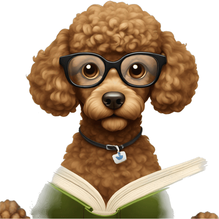 Brown poodle with wire rim glasses reading a book emoji