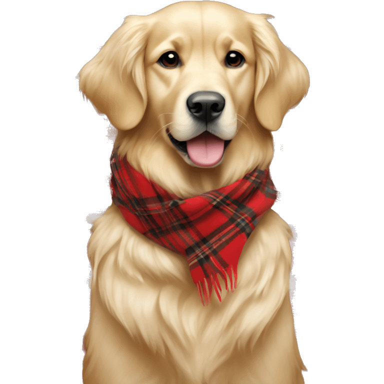 Cream color Golden retriever wearing a red plaid scarf emoji