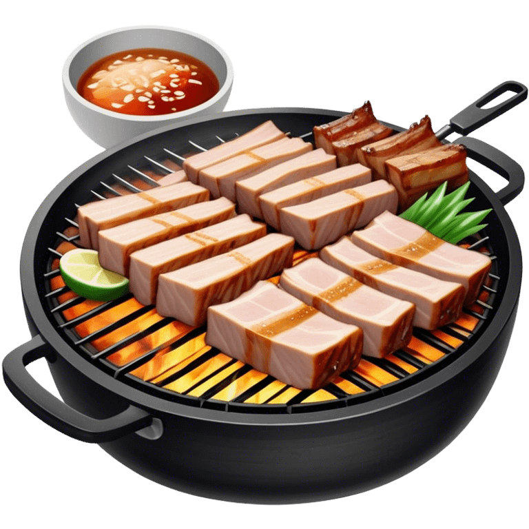 Cinematic Realistic Samgyeopsal Dish Emoji, depicted with sizzling, thick slices of pork belly grilled to perfection rendered with rich textures and warm, inviting lighting. emoji