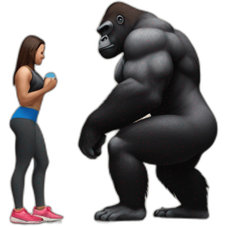 Big buff Gorilla holding a beautiful girl doing squats emoji