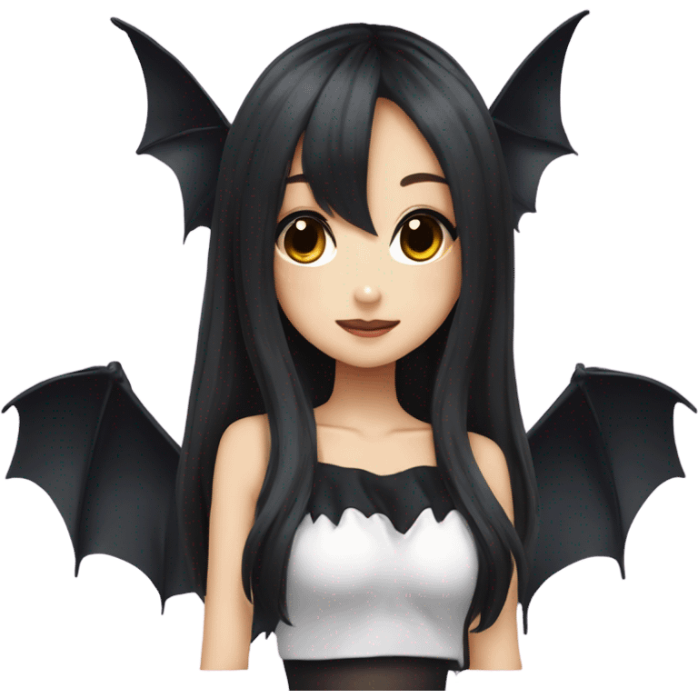 hime gyaru girl, beautiful long black hair, black top, bat wings emoji